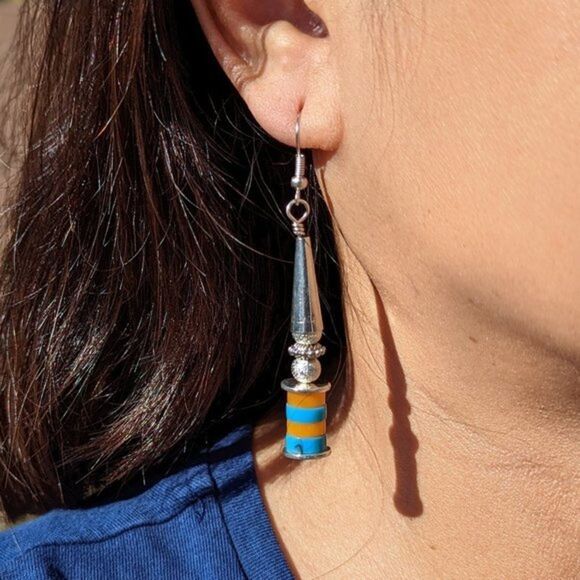 Native‎ American Handmade Jewelry Composite Silver Plated Dangling Earrings - Picture 1 of 7